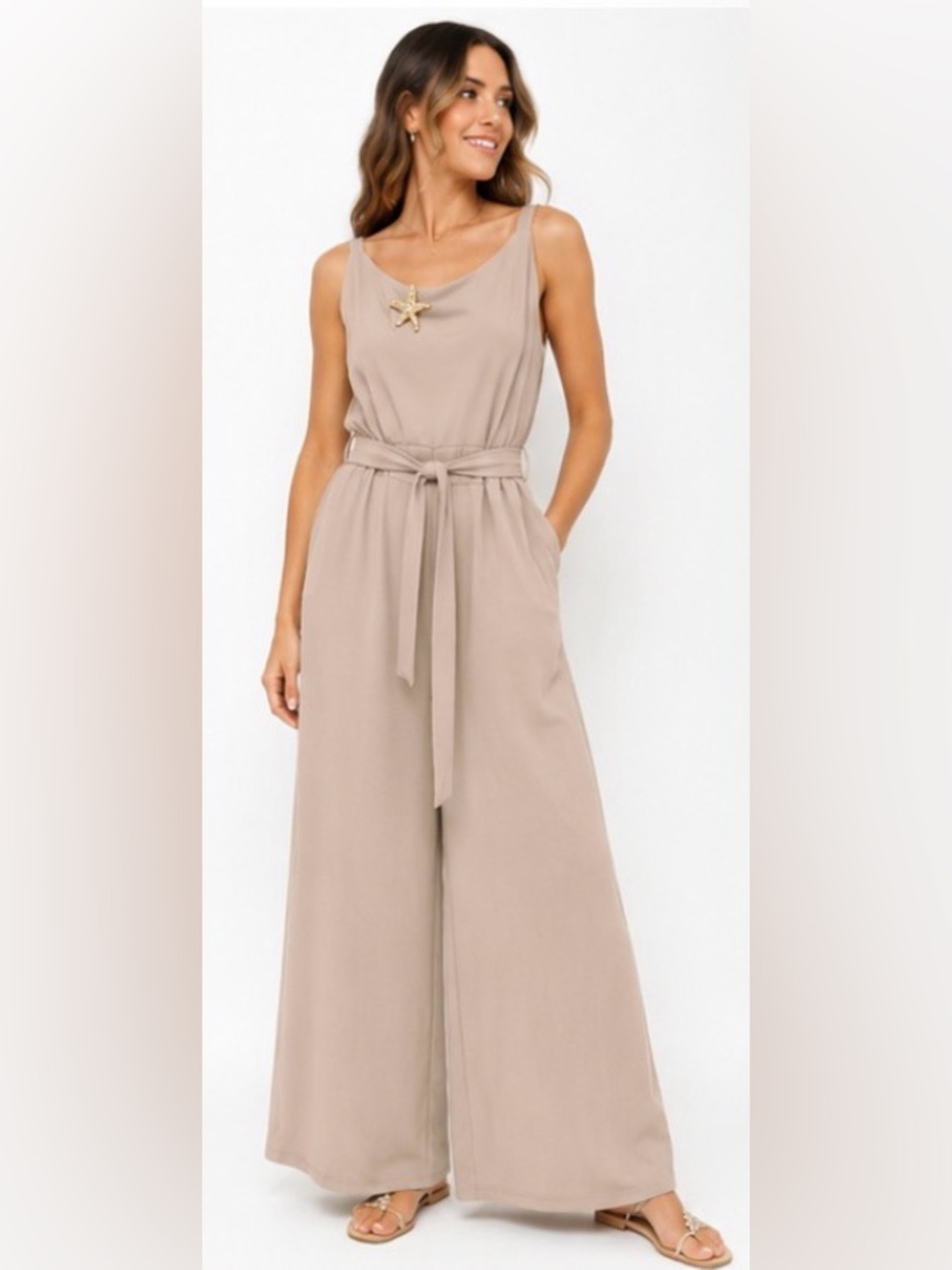 AZ NWT Beige Wide Leg Jumpsuit Gold Starfish Belted S/M